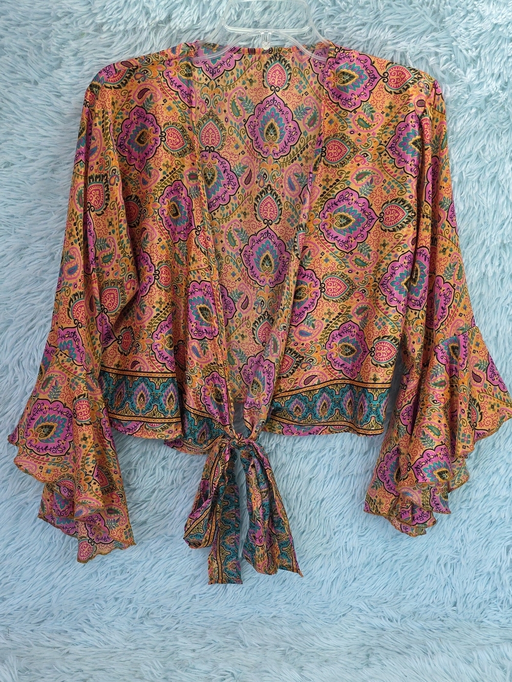 S.N. Moda Boho Paisley Print Tie-Front Blouse Flared Sleeves